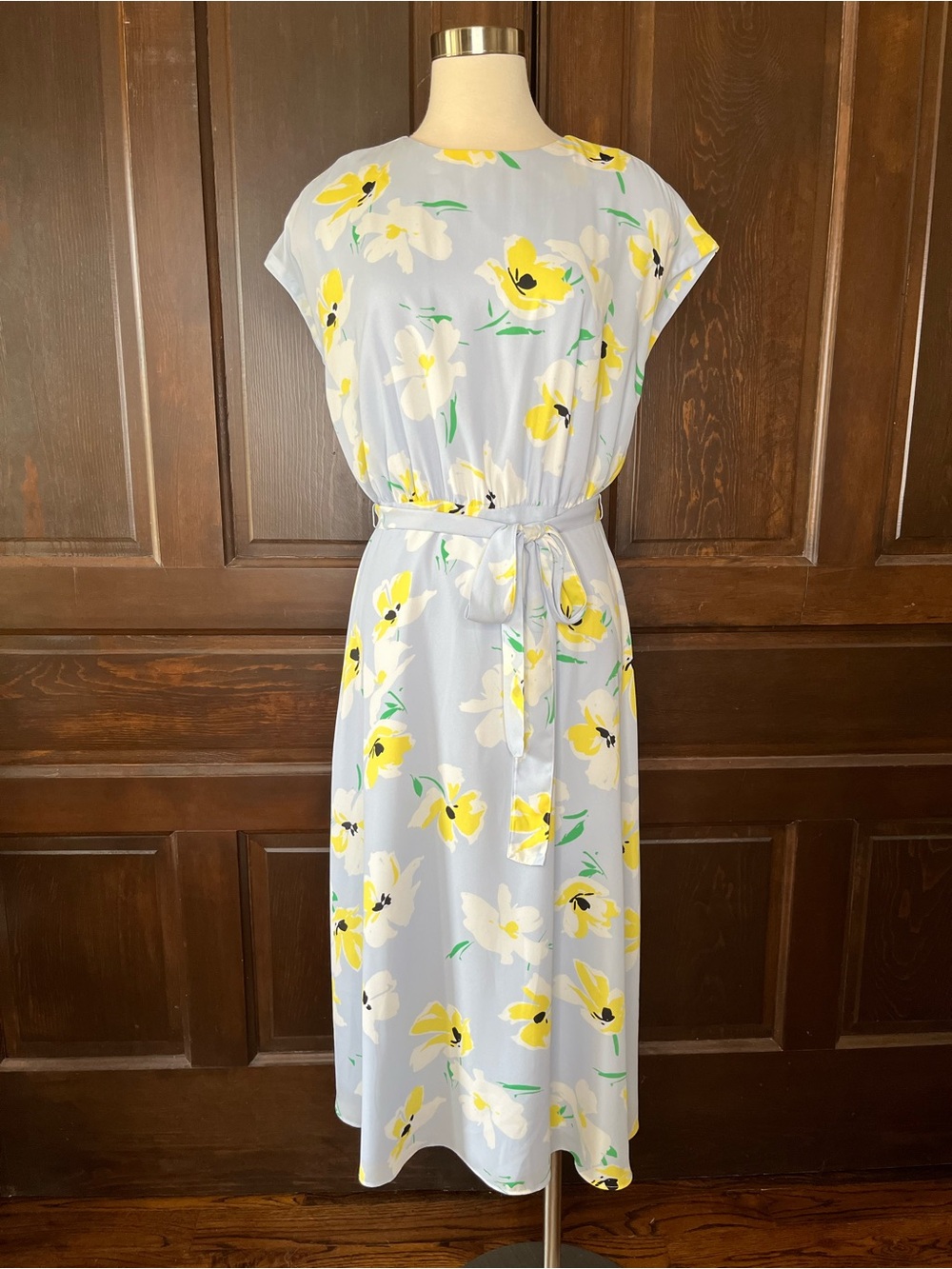 Ann Taylor Floral Midi Dress Tie Waist Light Blue Yellow Lightweight Size 8